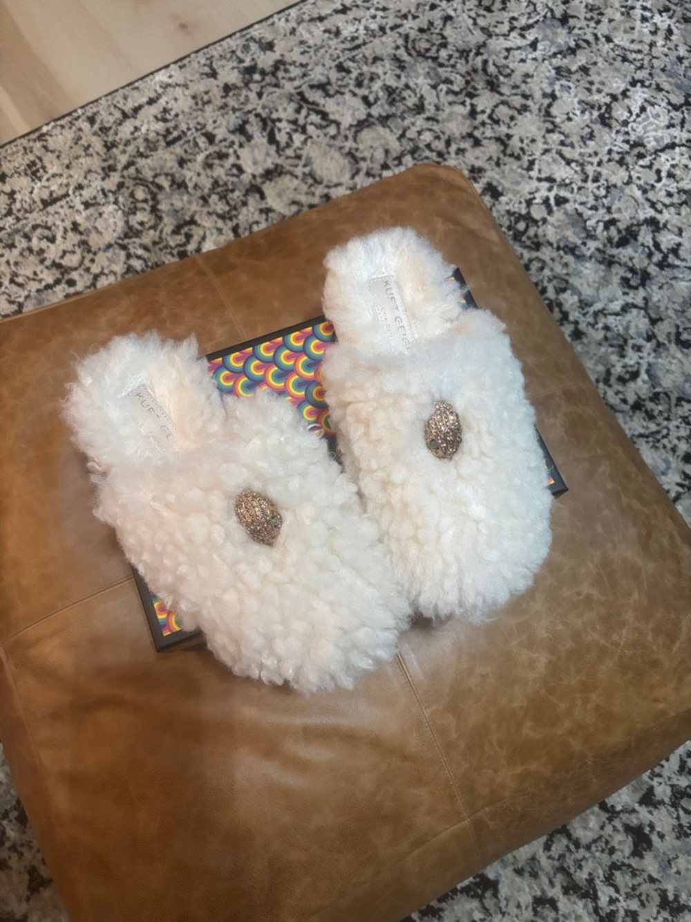 Kurt Geiger White Shearling Crystal-Embellished Slippers